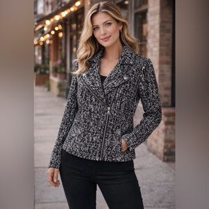 Womens Black White Textured Moto Jacket Zip Front Modern Chic Large